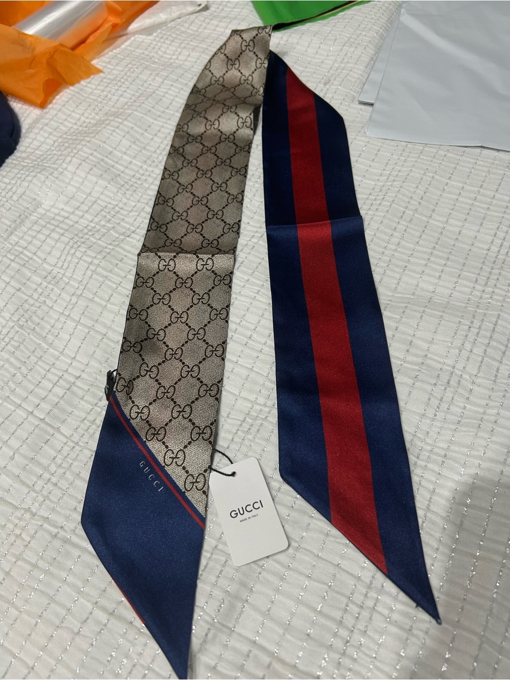 Gucci Men's Double-Sided Silk Twilly Scarf - Navy & Red / Beige Monogram